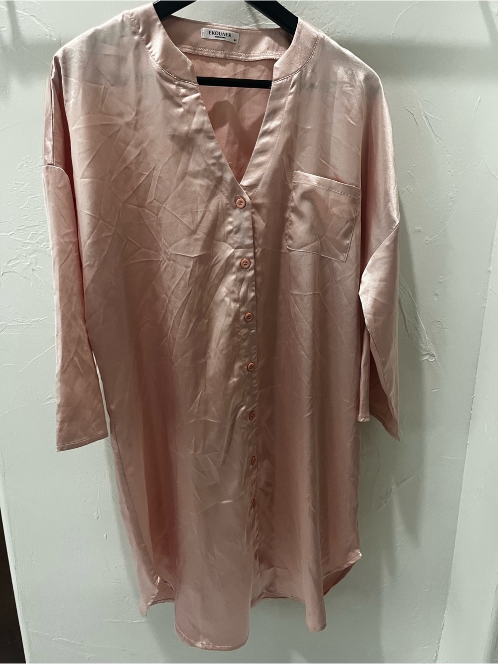 Ekouaer Blush Pink Satin Button-Down Nightshirt